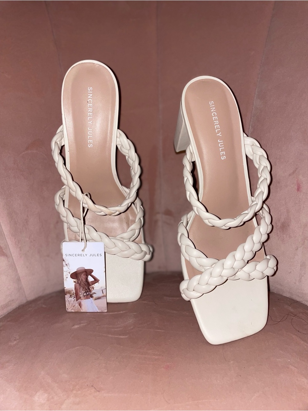 Sincerely Jules Cream Braided Strap Square Toe Block Heels